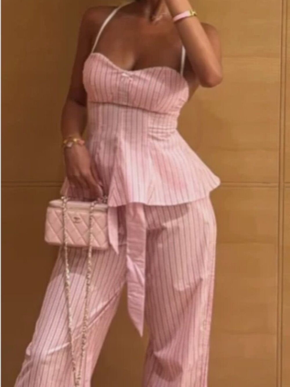 Share ZARA Pink Stripe 2 Piece Set M/L Peplum Corset Top Wide Leg Pants Poplin